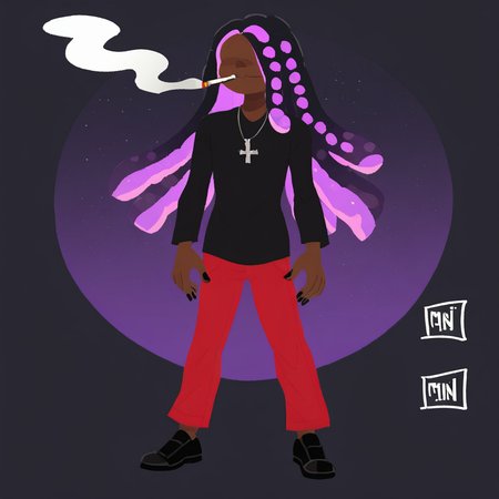 (solo,alone,one character) score_9 score_8_up score_7_up high_resolution 1,solo, single character, (dark skin male,male)(very long hair,dreadlocks,black hair, purple highlights,) (tall:1)(hair over eyes) (cross necklace,black shirt,long sleeves,red pants, black shoes), black nails Purple halos,,cigarette, smoking, mouth hold,, fire, lighter, holding, dark purple background, simple background, light particles, bokeh, fog, black background, starry background, galaxy background, dark, contrast,