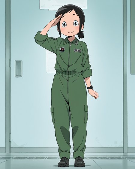 (masterpiece:1.4), (best quality:1.4),  very aesthetic, newest,best quality, amazing quality, absurdres,
amakasu_hisone, 1girl, solo,  blush, short hair, ponytail,  black hair,  black eyes, sidelocks,
smile, standing, full body, looking at viewer,
military uniform, black shoes, jumpsuit,green pants,one wristwatch, 
salute,indoor,military base,
 <lora:hisone:1>