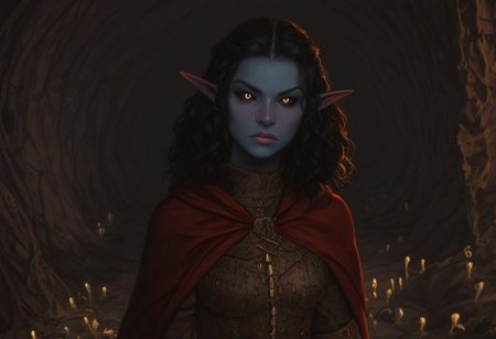 safe_pos, solo, short pointy ears, piercings, nord woman, random elf face, aquiline features, dark elf, weathered skin, large nose, animated realism, zoomed out, Syrian features, torso, subterranean, glowing mushrooms, mushroom forest, cave enviroment, large cavern, gloomy lighting, ancient ruins, interior, dark soil floor ,grey-blue skin, scarlet and gold clothes, medium armor, bone plate armor, ivory straps and fittings, grey wood neckguard, dark red sclera, black pupils, distant mushroom forest, blue-green light, neon, highly detailed, defined features, looking at viewer, three quarters view, from above, dynamic lighting, 36 years old, light and shadows, patterned cloth, determined expression, expressive eyes, detailed medieval clothes, medium_breasts, medium hair, wavy hair, thick hair, beaded hair, braided hair, under cut hair, semirealistic, alien elf, spanish features, jewish features, black hair, dark red hair, umber skin, sharp features, red persian print cloak, nighttime, high detail, absurdres, pretty eyes, detailed eyes, yellow eyes,