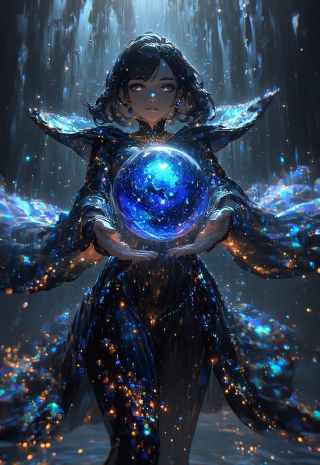 hand holding a magical orb in its palm, bioluminescent, glowing, BlackOpalPearl, sparkles, reflections, masterpiece, night time, stars, florescent, glowing, particles, magical, detailed, beautiful, black opal orb, multicolored lights, internal glow, moonlight, blurred character in background, 1girl, hand extended towards viewer, orb focus, open hand, perfect hand, ultrahigh resolution, perfection, hand, extended arms, close view, cinematic, cinematic lighting, beautiful decorations, decorated orb