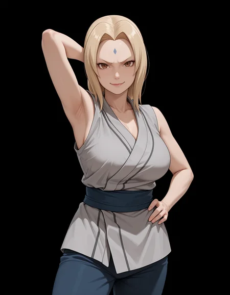 <lora:Tsunade NoobAi:1>
1girl, solo,
tsun4d3, blonde hair, long hair, forehead mark, facial mark, brown eyes, mature female,  short eyebrows, v-shaped eyebrows
grey kimono, blue sash, blue pants, sandals, sleeveless, 
one hand on hip, one hand behind head, 
armpit, 
looking at viewer, smile,
cowboy shot,
smile,, very awa, masterpiece, best quality, highres, absurdres, (simple background, black background:1.1),