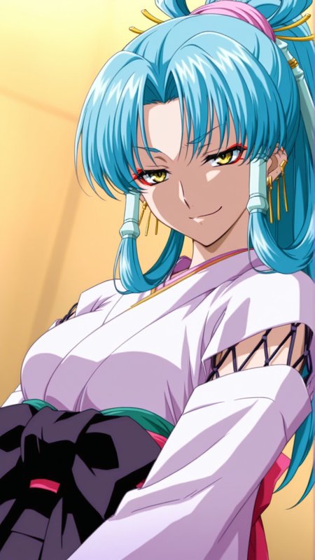 source_anime, general, best quality, masterpiece, 1girl,  <lora:Glacies_ill_v1.1:1> glacies\(srw\),ponytail,hair tubes, blue hair,yellow eyes, large breasts,long hair, hair rings, make up,earrings, jewelry,japanese clothes, kimono, red eyeliner, dynamic pose, dutch angle, smug,