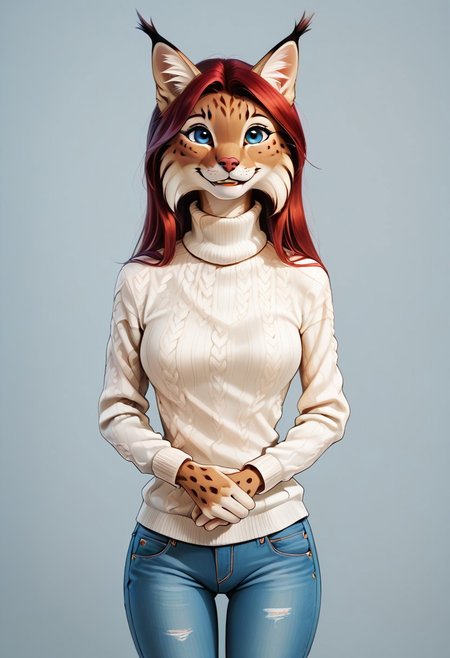digital_media_(artwork) hi_res, score_9, score_8_up, score_7_up, score_6_up, source_furry, rating_safe, anthro, furry, female, furry female, detailed textured fur, fur tufts, lynx, red hair, blonde brown fur, spots, beautiful blue eyes, medium breasts, covered breasts, slim, slender, turtleneck sweater, denim jeans, smile, SFW,