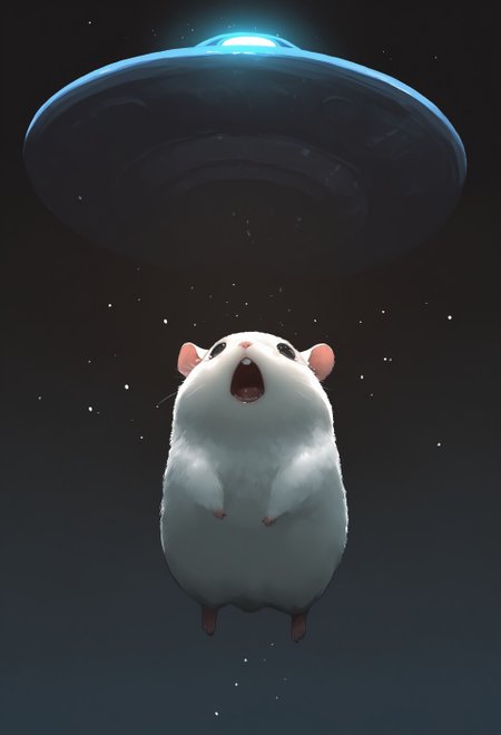 masterpiece,  best quality, good quality, very awa,  very aesthetic, absurdres, newest,  no humans, animal, animal focus, hamster, mid air, floating, size difference, glowing, open mouth, horror \(theme\), scared, large ufo, spot light, light beam, looking up, abstract