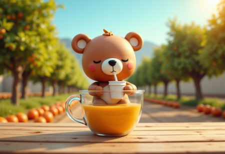 Cute bear doll sitting in large glass cup, brown bear, cup on table, bear drinking juice with paper cup and straw, eyes closed, smiling, smiling, childlike atmosphere, clay model image, orange grove, sunny, blue sky, sunshine, wide angle, 
aidmafluxpro1.1