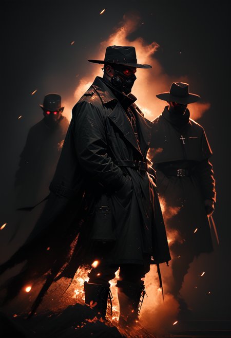 (score_9, score_8_up), score_7_up, 1male, red eyes, hat, holding, full body, black silhouette, glowing red eyes, boots, multiple boys, belt, holding weapon, coat, standing, photoshoot theme, glowing, cross, glowing eyes, black coat, black masks,  hands in pockets, dark, 3others, simple background, grey background, gritty, gorgeous details, depth perception, backlighting, photorealistic, 
dark lighting, dof, depth of field, realistic, dark background, CINE, embers,
<lora:unholy-000009:0.8> <lora:CINE-000008:0.4><lora:- SDXL - vanta-black_contrast_V3.0:0.7> 
 <lora:sinfully_stylish_SDKL:0.5>  <lora:GwentStyle_v2:0.4>