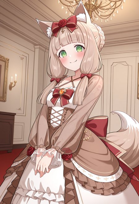 highres, best quality, masterpiece, indoors, chandelier, 
1girl, solo, pcrmaho, light brown hair, green eyes, animal ears, tail, fang, blunt bangs, tareme,
pmhcindl, single hair bun, braided bun, hair bow, rose, brown dress, white dress, red bow, brooch, cross-laced dress, criss-cross halter, layered dress, long sleeves, see-through sleeves, brown sleeves, frills, flower ornament, back bow,
looking at viewer, blush, smile,
standing, v arms, 
<lora:_maho_pcr-elesico-rev3:1>