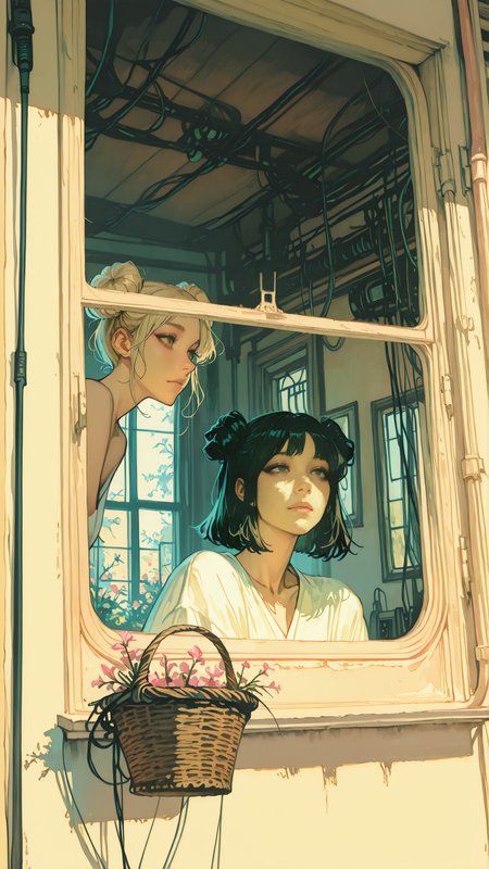 masterpiece, newest,absurdres,incredibly absurdres, best quality, amazing quality, very aesthetic, subtile watercolor effect,
2girls, looking out of window, cable, flower basket, blonde, black hair, long hair, straight hair, medium hair, double buns, 
<lora:Forest_Decay_Style_ichi_sk:1> <lora:Elegence_Niji:1> 3l3ganc3