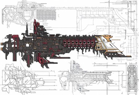 (Digital illustration and blueprint), bold lines, dramatic shading, line art, concept art style,digital painting,digital illustration, dark red and gold and white impstarship (Emperor-class Battleship) ship,(((solo))),side view, ship decks and gun ports and hangars, multi-color scheme, side view,  engine thrusters