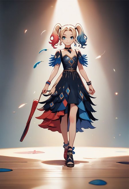 score_9, score_8_up, score_7_up, score_6_up, best quality, highres, source_anime, (cute doodle), solo, black backgruond, light, (Harley Quiin), young, black short, black dress, stage, fashion day, catwalk, walking, elegant, peacock feather dress