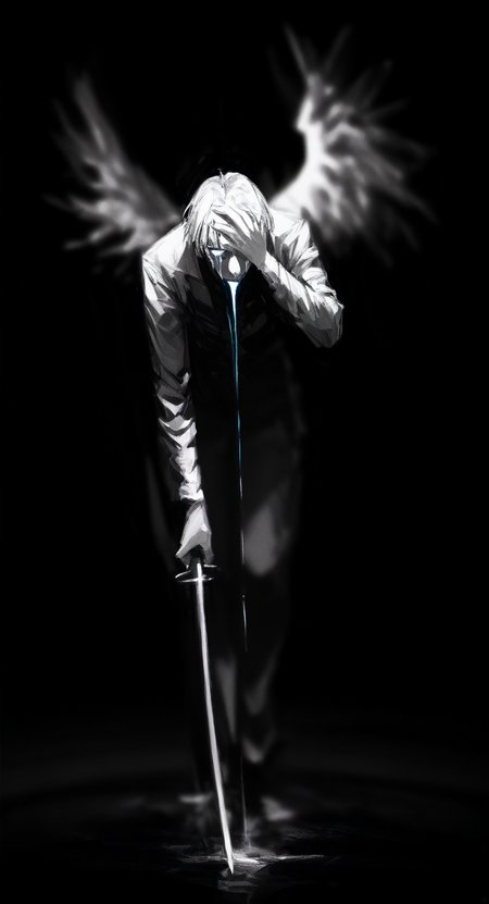 masterpiece, best quality, good quality, very aesthetic, absurdres, newest, 1boy, black background, blurry, chiaroscuro, covering own eyes, crying, feathered wings, full body, glowing tears, greyscale, hand on own forehead, holding, holding sword, holding weapon, katana, leaning forward, male focus, monochrome, short hair, single wing, solo, sword, weapon, wings <lora:ponyv5_noobV065S_1_adamW-000013:0.7> <lora:USNR_STYLE_XL_lokr:0.45> <lora:96YOTTEA-WAI:0.8>