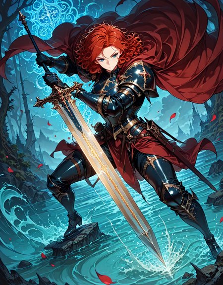 <lora:Alicia_Termina_Magentano__The_Greatest_Estate_Designer:1>
1 girl, solo, red hair, blue eyes, medium hair, curly hair, 
armor, red cape, black shoulder armor, black pauldrons, black gauntlets, black breastplate, sheath, sword
masterpiece, best quality,high quality, newest, highres,8K,HDR,absurdres, enchanted sword, floating petals,  intricate patterns, ethereal glow, holding sword, armored gauntlets, high fantasy, flowing cape, standing on water, floral motifs, blue and gold palette, celestial symbols, moonlit background, misty environment, depth of field, dramatic lighting, mystical aura, detailed background, dynamic pose, foreshortening, fantasy illustration, glowing runes, limited palette, elegant battle stance, cinematic shot., detailed background, dynamic pose, dynamic composition,dutch angle, detailed backgroud,foreshortening,blurry edges <lora:iLLMythG0thicL1nes:1> , <lora:Eyes_High_Definition:1>
