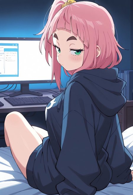 masterpiece,best quality,amazing quality,, score_9, score_8_up, score_7_up, soft lighting, dramatic lighting, (backlighting:1.3),  1girl, solo, kiui_watase, pink hair, blunt bangs, short hair, green eyes, thick eyebrows, side ponytail, dark blue hoodie, baggy clothes, bedroom, dark bedroom, sexy, looking back at viewer, seductive, embarrassed, (annoyed:0.6), computer, pc, medium breasts, on bed, bed,