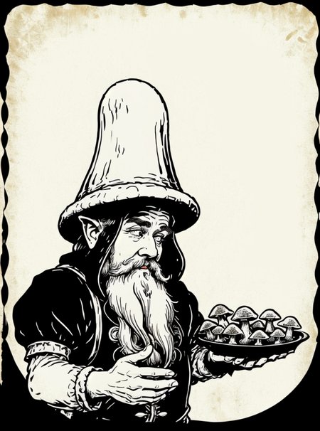 dwarf man holding a mushroom looting at mushroom happy, 2d, (black and white:1.3), clean line, (white background), Perfect hands, <lora:Tattoo_gen:0.7>  <lora:fantasyV1.1:0.6>