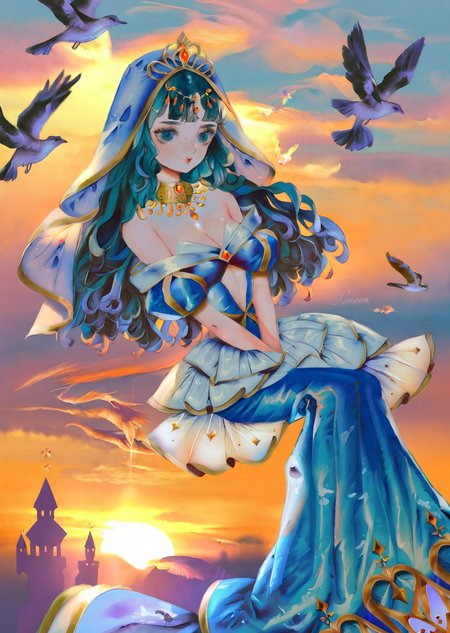 by yogisya, 
 1girl, sunset
princess jasmine \(disney\), long hair , dress, cyan off shoulder, cleavage
shadows,
  best quality, masterpiece,