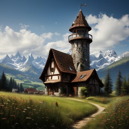 realistic analog photo, award winning photo, 
fantfa, background, mountain, trees, foreground, field, house, farm, farmland, witow, a wizard tower, blue sky
high-quality, crisp, sharp, professional-grade, high-resolution, fine detail, accurate colors, low noise, fast shutter speed, wide dynamic range, precise focus, RAW, highres, 8k, uhd, High Dynamic Range, tonemapping, crisp details,