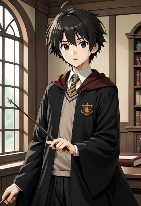 1boy, solo, darukuygo, black hair, short hair, ahoge, black eyes, gryffindor_style_clothes, hogwarts school uniform, holding, wand, indoors, open mouth, parted lips, looking at viewer,