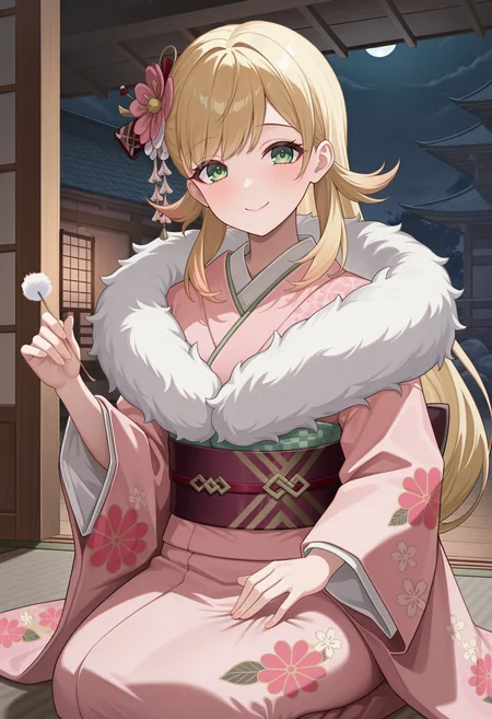 masterpiece, best quality, absurdres, highres, newest, 1girl, solo, <lora:sharena-fe-richy-v1_ixl:1> sharenany, green eyes, blonde hair, long hair, pink kimono, sash, fur trim, floral print, hair flower, closed mouth, mimikaki, lap pillow invitation, looking at viewer, seiza, sitting, indoors, darkness, night, east asian architecture, kneeling, smile