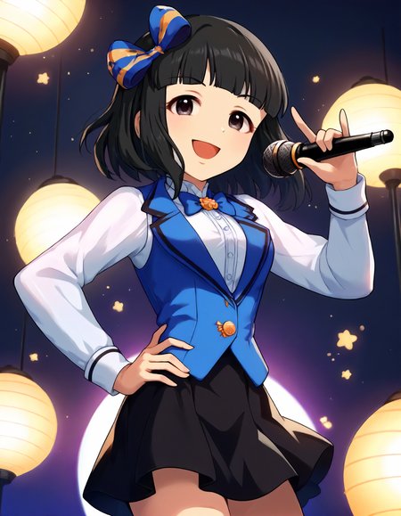 score_9,score_8_up,score_7_up,1girl,solo,cowboy shot,looking at viewer,smile,open mouth,hand on hip,holding microphone,stage lights,
<lora:niwahitomi_ponyXLV6:0.8>,cgnht,
black hair,medium hair,blunt bangs,grey eyes,
hair bow,blue vest,white shirt,blue bowtie,black skirt