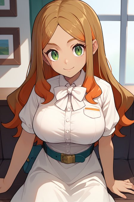 score_9, score_8_up, score_7_up, score_6_up, source_anime, 1girl, solo <lora:pkmnorla-pdxl-nvwls-v1-000005:1> orla, brown hair, orange hair, multicolored hair, long hair, wavy hair, parted bangs, tan, large breasts, white dress, white bowtie, short sleeves, belt, looking at you, smile, indoors, sitting