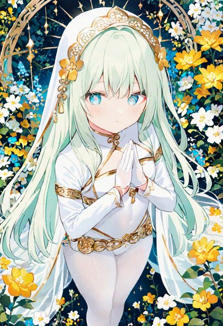 Best quality, masterpiece, fantasy flower garden, view from above, one petit priestess girl with flat chest, shining hands bound in prayer, standing upright, detailed light green long loose hair, priestess' veil, cute smooth face, gentle smile, detailed light blue eyes, detailed make up, jewelry, pure white clothes, shawl, white turtleneck leotard with long sleeves and gloves, slim waist, slim belly, thick clavicle, micro skirt, thick hips, thick thighs, white tights, heels