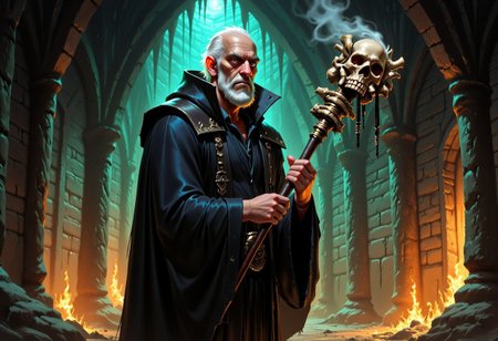 Dark-Fantasy-Cardd-Flux.V1.0 dark fantasy style illustration that features a necromancer, old man with perfect hands wearing black robe and wielding a staff adorned with multiple bones and skulls, he stands in the middle of crypt dimly lit by torches