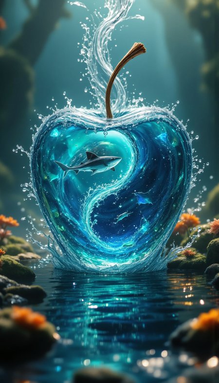 pinkfluxproultrafantasia, 
Hyperdetailed Yin yang of stunning blck and white glass Apple of crystal and molten Aquamarine and Emerald made by smoke, Ethereal miniature fantasy ocean world inside shark, storm, waves, cute little shark, hyper detailed, hyper realistic, magic light, sunny, water drops, swirling water exploding from the apple. elegant high detail fantastic view close up hyper realistic 4K 3D focused insane depth; by Kim Keever Antoine Collignon Wadim Kashin Tim, transparent bottom, moody, realism infused by the dark whimsy of Tim Burton, surrealism, incredible volumetric lighting and meticulous composition reminiscent of Wadim Kashin and Antoine Collignon's atmospheric expertise, hyper- detailed mythical background, mystical fog, dynamic digital illustration reminiscent of Kim Keever and Peter Mohrbacher's surreal realms, within a breathtakingly arranged, photorealistic concept art masterpiece Burton Peter Mohrbacher; incredible composition; meticulously composed concept art, masterpiece, mystic fog, digital illustration, Reflections, cell- shaded, Volumetric lighting high quality CGI VFX fine art"