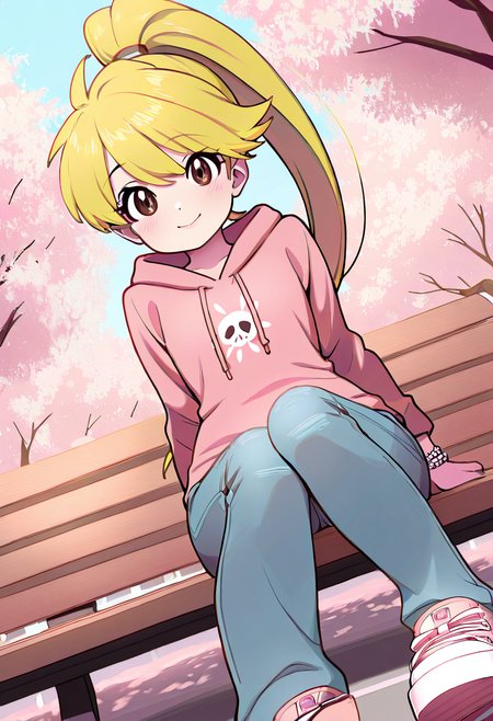 masterpiece, best quality, solo, curvy, beautiful eyes, narrow waist, wide hips, 1girl, solo, smile, looking at viewer, dynamic angle, foreshortening, close up,    zzYellow, brown eyes, blonde hair, long hair, ponytail, bangs,  , <lora:YellowPokemon_NAI:1.0>, [Soft Emo], oversized pastel pink hoodie with black heart embroidery, faded skinny jeans with distressed knees, pastel-colored sneakers with platform soles, silver charm bracelet with small hearts and skulls, soft pink eye shadow with light mascara, light blush and lip tint, hair styled in soft waves with a side part, sitting on a park bench under cherry blossom trees, looking thoughtfully at the ground,
