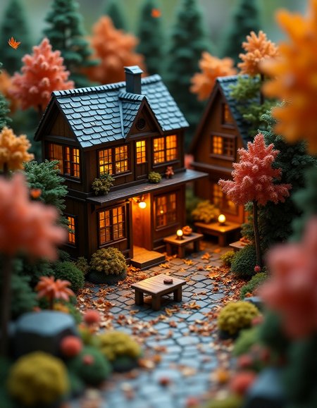 (indoor,very wide isometric view,tilt-shift lens:1.6), (miniature,diorama,no_realistic,no_photo:2) of (stasis _chamber:1.5), autumn wonderland,building of bookstore
