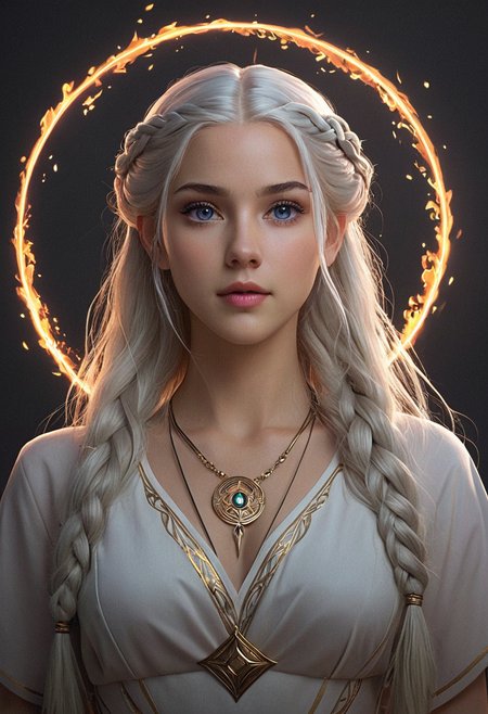anime artwork <lora:R0k00bstr0ctHD:1>,r0k00bstr0cthd,r0k00bl0ckb0ckgr00ndhd,(shiny, fire, multicolored, black background, glowing, magic circle, aura),, (Hair, Long, silver-blonde hair (often described as pale as moonlight), a hallmark of her Targaryen lineage. In the books, her hair is worn in intricate braids, symbolizing victories and tradition:1), (Eyes, Large, violet eyes, often noted for their intensity and otherworldly quality, typical of the Valyrian race:1), (Skin, Pale, creamy complexion with a smooth, almost luminous quality that enhances her striking beauty:1), (Build, Slim and petite, yet strong and resilient, reflecting her gradual transformation from a timid girl into a determined leader:1),  short in stature, . anime style, key visual, vibrant, studio anime,  highly detailed