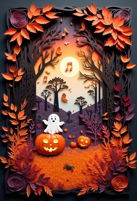 This paper quilling, layered paper piece features a cute ghost dancing around a jack-o-lantern in a moonlit forest, with a cute spider standing on the jack-o-lantern, and musical notes swirling in the air, and an elegant, serene atmosphere highlighted by the soft glow of the moon. The color scheme is orange, red, black, purple, and brown, with metallic gold highlights.