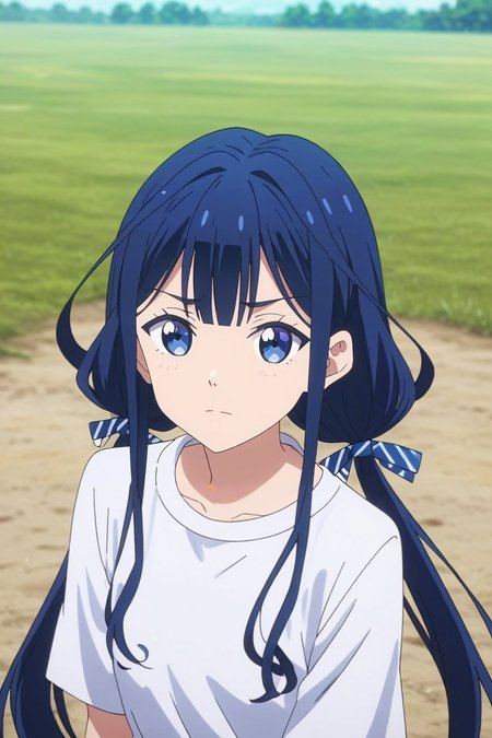 score_9, score_8_up, score_7_up, source_anime, rating_safe, , anime screencap, anime coloring, official style, looking at viewer, depth of field, 1girl, solo, <lora:aki_adagaki_pony:0.98>, aki_adagaki, blue hair, blue eyes, long hair, bangs, twintails, low twintails, bow, from above, cemetery, dark, (dynamic pose), nervous, , <lora:sdxl_lightning_8step_lora:1>
