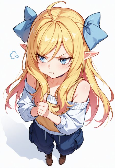 Smooth Quality,masterpiece,very intricate, high quality details, ultra realistic, high detailed skin,detailed enviorement,absurdres,
thumbs up,
 <lora:Jashin-chan_CNR:0.8> jashin_cnr, 1girl, blonde hair, long hair, ahoge, blue eyes, pointy ears, fangs, hair ribbon,legs,, simple background, white background, from above,solo,, pout,, off-shoulder top, ,sweater vest, ,baggy pants, ,