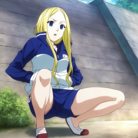 sharp focus, pixiv masterpiece, score_9, score_8_up,  source_anime, score_7_up, best quality, high res, absurd res, BREAK
<lora:Nino_arakawa_under_the_bridge_illu_v38:1>,nino_arakawa_il, (1girl, solo:1.5), blonde_hair, blue_eyes, blue_white_tracksuit, number_tag, long_hair,(anime_screencap:1),  riverside, blue_shorts, side_stripes, uwabaki_shoes, crouching, (from below:1), full body, low angle, hands_in_pockets