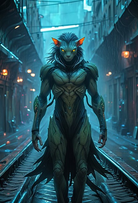 score_9, score_8_up, score_9_up, SilverPulse, Fantasy Creature, portrait, close to the face, punk hair, lizard, cat, alien girl, feminime, female, 1girl, Avatar navi alien with purple skin, bal, big eyes, medium breast, red trench coat, running on the top of train, yellow train, cyberpunk city, night, neon light, rainy,  dynamic view, dynamic pose, super wide angle shot, extreme perspective,
