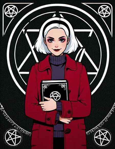 <lora:SabrinaIllustrious1.00JLFO:0.8> Sabrina, 1girl, solo, hairband, book, pentagram, short hair, sweater, magic circle, looking at viewer, holding, white hair, smile, black hairband, coat, turtleneck, makeup