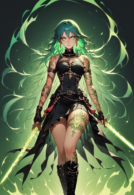 safe_pos, score_9, score_8_up, score_8_up,NLSTN, dark, 1girl, byleth (fire emblem) solo,  flowing teal hair, earrings, jewelry, green glowing eyes, ornate pauldrons, green glowing tattoos, Nordic tattoo, ((arms tattooed)), tattoos, sexy pose, ((body tattoos)), full body shot, holding red glowing sword in one hand, fingerless gloves, skirt, Lower body focus, ((thighs tattooed)), sexy combat boots,