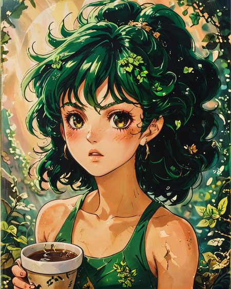 overhead angle of a Comely Disgusting Female Dryad, the Dryad is Attending sports events, she is inside a Cup, the Dryad has Trendy hair styled as thick and lush, at Golden hour, Dark, Grungepunk, 80mm, <lora:Vintage_Anime:1>