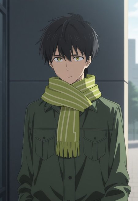 masterpiece,best quality,amazing quality, source_anime, 
KurouSakuragawa, 1boy, male focus, solo, yellow eyes, black hair, scarf, green scarf, coat, green coat,