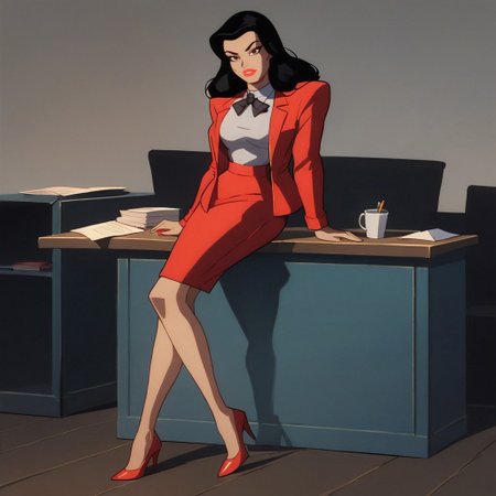 safe_pos, score_9, score_8_up, score_7_up, solo, 1girl, lipstick, black hair, long hair, brown eyes, suit, red jacket, white shirt, red pencil skirt, black bowtie, red high heels, formal, looking at viewer, breast, Candice (dc), office