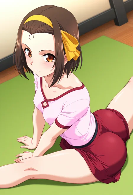 masterpiece, best quality, amazing quality, 1girl, solo, misaoww, brown eyes, brown hair, short hair, forehead, yellow ribbon, yellow hairband, small breasts, wedding ring, casual, collarbone, pink shirt, red skirt, <lora:Matsumori_Misao_Tonarizuma2_ill:0.9>, dutch angle, lying, ass, on stomach, on floor, side sitting split, spread legs, stretching, yoga, flexible, looking at viewer, skindentation, detailed clothing folds, depth of field, sharp, high contrast, dynamic light