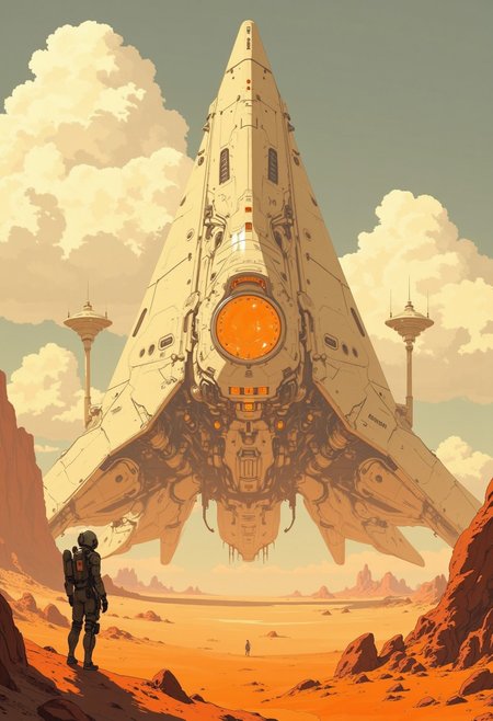 Imagine a futuristic, desert-like landscape with a sci-fi theme. The central focus is a large, sleek spacecraft with a triangular shape and a smooth, metallic surface, painted in a light beige color. The spacecraft has a large, round cockpit with a bright, glowing orange light emanating from it, suggesting it's active. The cockpit is surrounded by a complex array of sensors, antennas, and control panels. In the foreground, on the left, stands a humanoid figure in a futuristic, armored suit with a helmet, possibly a pilot or a crew member. The figure is silhouetted against the sun, casting a shadow, and appears to be gazing upward at the spacecraft. The background features a vast, arid desert with scattered rocks and a few small, rugged mountains in the distance. The sky is a gradient of warm, golden hues, with fluffy, white clouds scattered across it. Two additional spacecraft, similar in design to the central one, are visible in the background, hovering in the sky. The overall atmosphere is one of awe and anticipation, suggesting a moment of arrival or exploration in a distant, alien world. The atmosphere is serene yet awe-inspiring, with a mystical, almost dreamlike quality. The composition is cinematic, with a sense of scale that emphasizes the sheer grandeur of the ship against the timeless landscape. High detail, ultra-textured, 8K resolution, atmospheric depth, concept art. anime, cyberpunk, DB4RZ, DB4RZ style painting, in the style of cksc