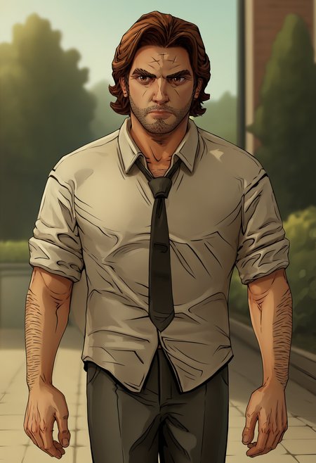 score_9, score_8_up, score_7_up, score_6_up, score_5_up, score_4_up, 1boy, <lora:BigbyWolf:0.85> solo, brown hair, facial hair, brown eyes, stubble, arm hair, shirt, pants, black necktie, collared shirt, walking
(garden background), blurry background,