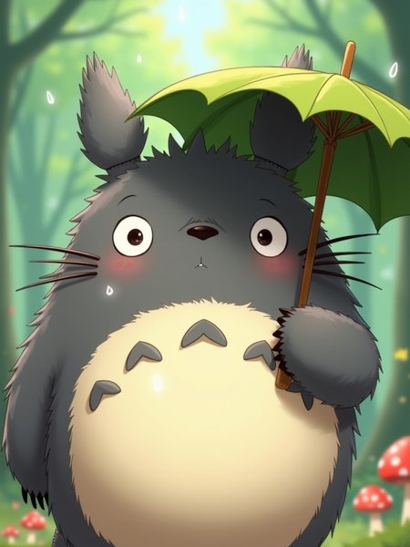 Concept for a Close-Up Image: "Cute Character Inspired by Anime/Western Animation"
Character Choice:
Let’s focus on a close-up of Totoro from Studio Ghibli's My Neighbor Totoro. This beloved character embodies cuteness and has a strong connection to nature, making him an ideal choice for a charming illustration.

Composition:

Close-Up Focus: The image centers on Totoro's face, filling the frame with his round, fluffy features. His large, expressive eyes are the focal point, radiating warmth and friendliness.
Facial Features:

Fluffy Texture: Emphasize Totoro's soft, gray fur with detailed textures that give it a fluffy appearance. Use light and shadow to create depth, making him look huggable.

Big Eyes: Highlight his large, round eyes, capturing the sparkle and wonder within them. Add subtle reflections to make them appear lively and engaging.

Cheerful Expression: Totoro's mouth can be slightly open in a gentle smile, showing his friendly demeanor. Consider adding little blush marks on his cheeks to enhance his cuteness.

Additional Details:

Leaf Umbrella: Totoro could be holding his iconic leaf umbrella, which adds a playful element. The umbrella can be detailed with raindrops, suggesting a whimsical rainy day.

Background Elements: A soft, blurred background of a lush green forest, with hints of colorful flowers and whimsical mushrooms, adds context without distracting from Totoro.

Lighting:

Soft, Diffused Light: Use soft, diffused lighting that mimics the gentle glow of a sunny day. This lighting can enhance the softness of Totoro’s fur and create a warm, inviting atmosphere.
Overall Mood:
The image should evoke feelings of joy, nostalgia, and warmth, capturing the essence of Totoro as a beloved character in both Japanese and global animation. The close-up perspective, combined with his adorable features and playful elements, creates a heartwarming portrayal that resonates with fans of all ages.