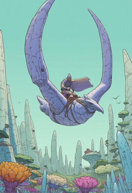 Arzach riding a majestic, leathery-skinned pteranodon with immense wings stretched wide, soaring over an alien desert landscape filled with surreal rock formations and bizarre flora. incorporating intricate line work, muted pastel tones, and dreamlike atmospheres. High attention to detail, emphasizing the flowing cape of Arzach and the textural nuances of the pteranodon’s skin. showcasing both alien wilderness and the silent grandeur of flight.