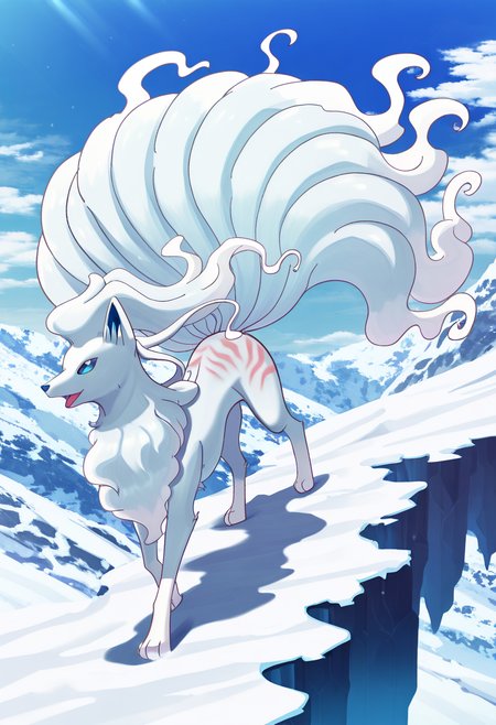 masterpiece, best quality,    zzNinetalesA, frozen tundra, blizzard, howling wind, snowy cliff edge, looking into distance, flowing tail marks in snow.  Amid the swirling whiteout, zzNinetalesA stands alone on a jagged cliff edge, its shape barely visible through the blowing snow. Its many tails trail behind like ghostly ribbons, carving elegant arcs into the untouched frost. The wind roars, but zzNinetalesA remains still, gazing into the blizzard's heart.,    <lora:NinetalesAlolanPokedex_IXL_v1:1.0>,