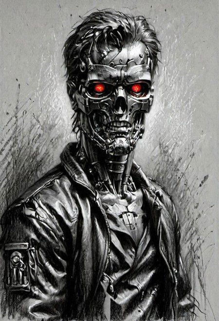 (masterpiece), 
A terminator in a leather jacket,
((upper body))
HDR, highly detailed, 32k, 
looking at viewer,