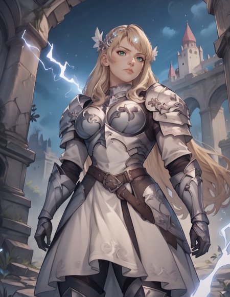 score_9, score_8_up, score_7_up,score_6_up, score_5_up, score_4_up ,1girl, solo, 
large breasts,
noradg,
long hair, blonde hair,green eyes, hair ornament, 
 armored dress, belt boots, shoulder armor, breastplate, armored boots, 
castle, ruins, light particles,  night,
from below,
electricity, magic, 
looking at viewer, 
 <lora:NoraDG_PDXL-v01-000003:1>