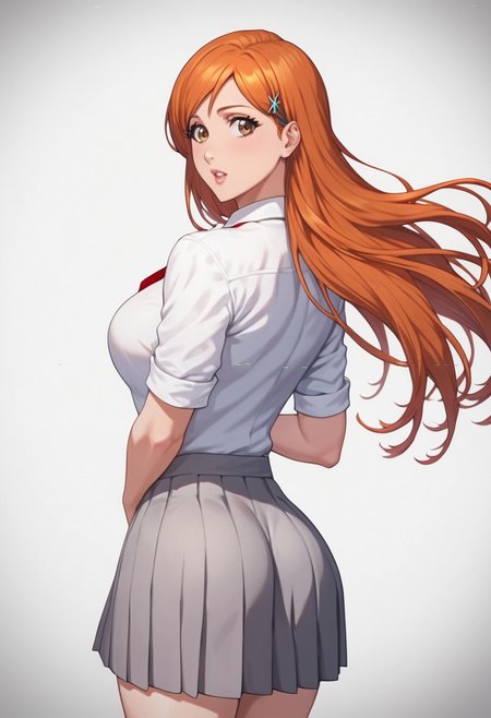 score_9, score_8_up, score_7_up,1girl, solo, bimbo, inoue orihime, long hair, orange hair, brown eyes, school uniform, grey skirt, white shirt, wide hips, toned ass, static pose, looking at viewer, charturnerv2, overall detail, high resolution, masterpiece, detailed clother, white background, highly detailed