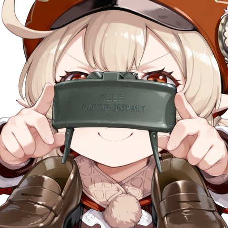 1girl, Klee \(Genshin Impact\), v-shaped eyebrows, smile, claymore \(mine\), hand, loafers focus, face close-up,
masterpiece, best quality, amazing quality,